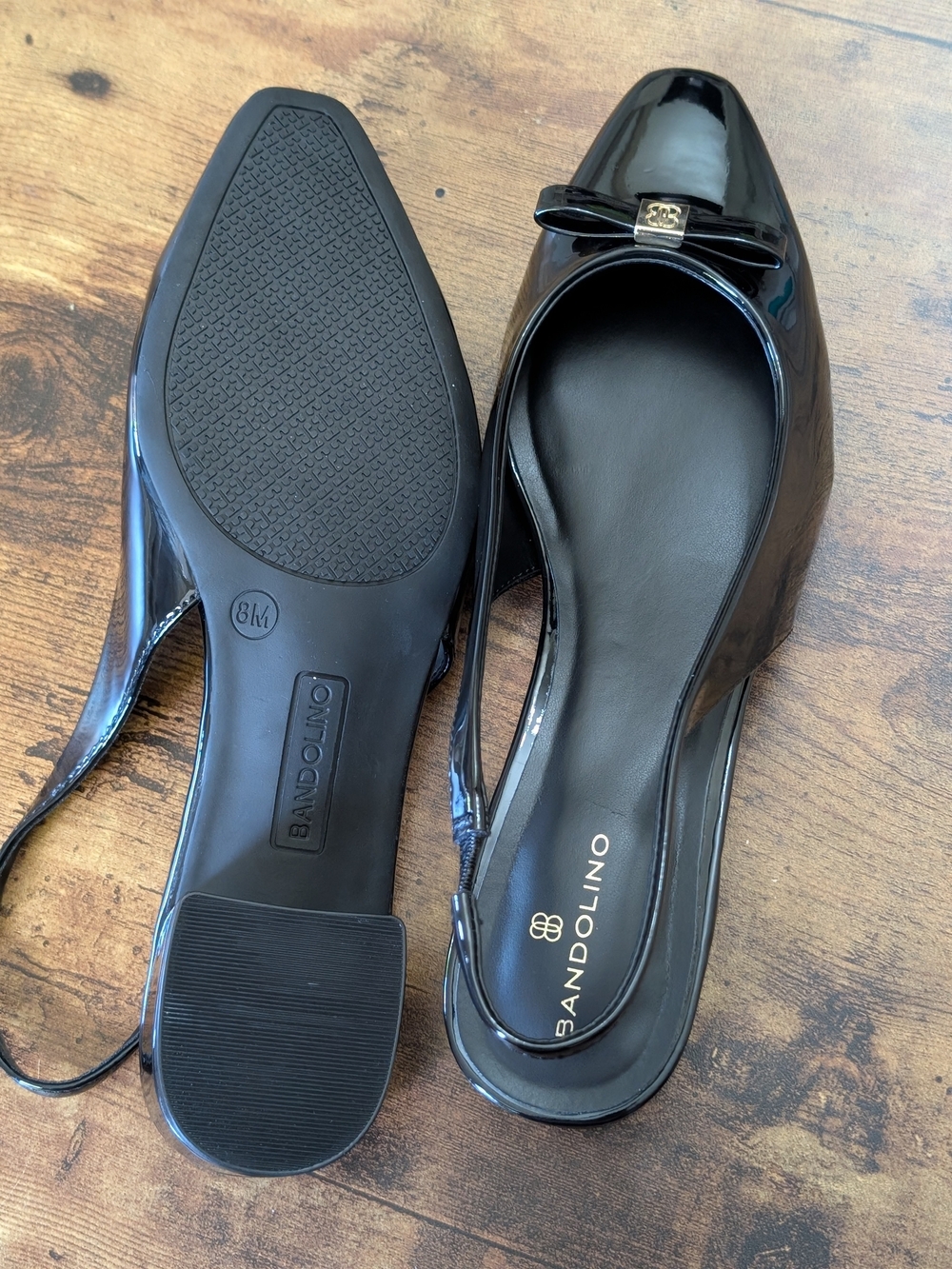New Bandolino Black Patent Leather Slingback Low Wedge Heels Bow Accent - Picture 4 of 8